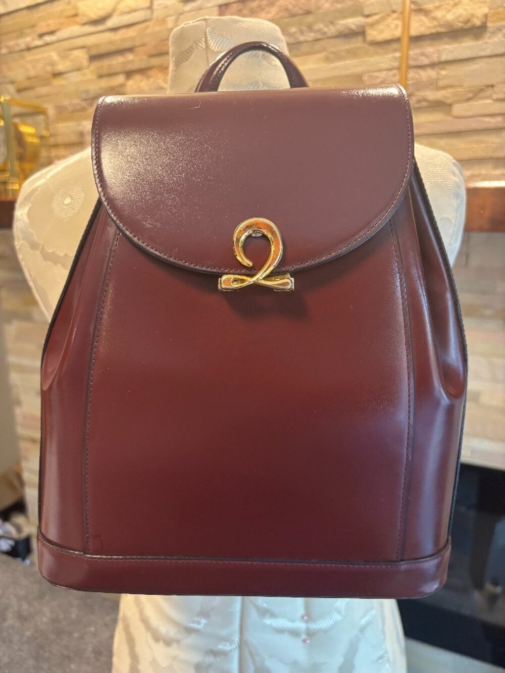 Vintage Louis Quatorze Burgundy Leather Backpack Monogram Clasp Luxury